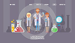 Man and woman scientists cartoon characters, vector illustration. Laboratory website design, landing page template