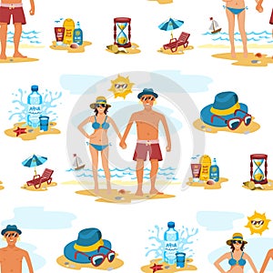 Man and woman seamless pattern background couple vacation summer time on the beach sand tropical nature vector