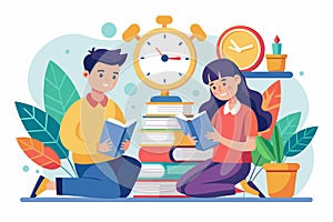 A man and a woman are seated on a stack of books, studying next to a clock, Two people studying with books and time, Simple and