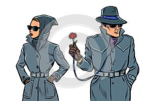 Man and woman secret agents, spies. isolate on white background