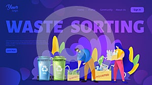 Man and woman separating paper and glass wastes. Waste sorting landing page template. Couple sorting trash.