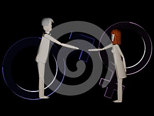 Man and woman shake hands symbols male and female in the background