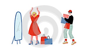 Man and Woman with Shopping Bags Making Purchase in Shopping Mall Vector Set