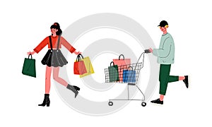 Man and Woman with Shopping Bags Making Purchase in Shopping Mall Vector Set