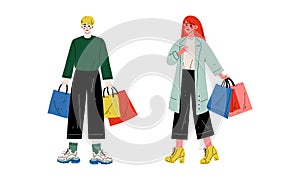 Man and Woman with Shopping Bags Making Purchase in Shopping Mall Vector Set