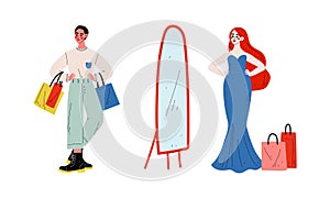 Man and Woman with Shopping Bags Making Purchase in Shopping Mall Vector Set