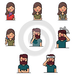 Man and woman sick icon pack. Vector illustration decorative design