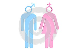 Man and woman silhouette with gender symbols, 3D rendering