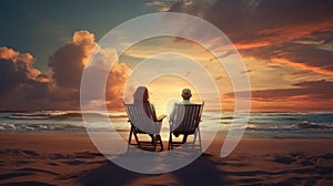 A man and a woman are sitting on the beach, overlooking the sea