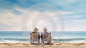 A man and a woman are sitting on the beach, overlooking the sea