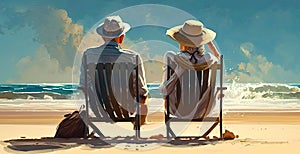 man and woman are sitting on the beach overlooking the sea.