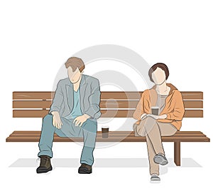 A man with a woman is sitting on a bench and drinking coffee. vector illustration.