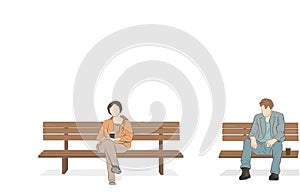 A man with a woman is sitting on a bench and drinking coffee. vector illustration.