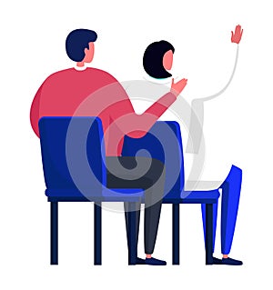 Man and woman sitting in chairs, woman raising hand. Two people in a discussion or class. Audience participation vector