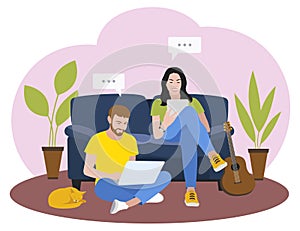 Man and woman sitting on the couch and talking through gadgets. Flat design. Vector illustration