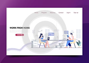 Man and Woman sitting distance Work from home concpet of physical distancing digital media landing page