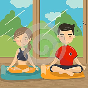 Man and woman sitting on the floor in lotus position, couple meditating in front of the window colorful vector