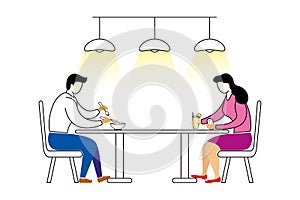 Man and woman sitting in restaurant eating food & drinks new normal social distancing