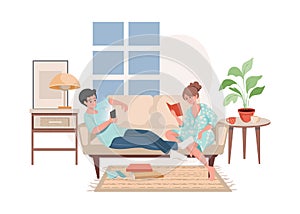 Man and woman sitting on sofa, surf on the internet, and read books vector flat illustration.