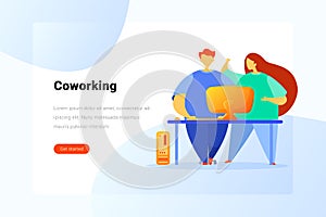 Man and Woman sitting at Table with Computer Flat vector illustration. Landing Page design template