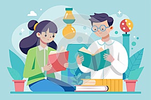 A man and a woman sitting together, engrossed in reading a book, two people reading books studying science, Simple and minimalist photo