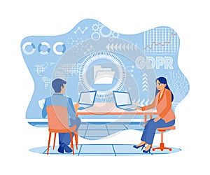 A man and woman are sitting and using a laptop with the gdpr concept symbol.