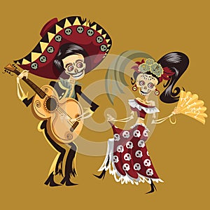 Man and woman skeletons dancing at party poster