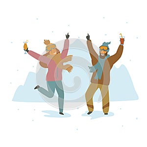 Man and woman skiers at apres ski party dancing celebrating cartoon isolated vector illustration