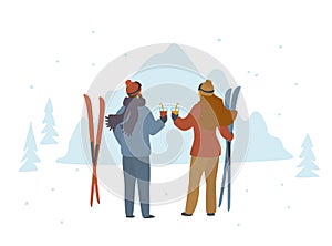 Man and woman skiers enjoying winter holidays in mountains, apres ski