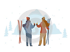 Man and woman skiers enjoying winter holidays in mountains, apres ski photo