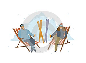 Man and woman skiers relaxing after skiing on lounge chairs at resort