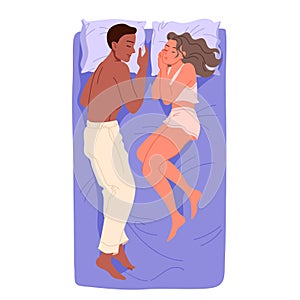 Man and woman sleep in bed, top view of bedroom, husband and wife lying on pillows