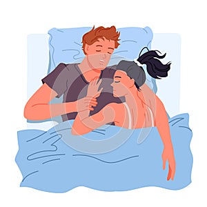 Man and woman sleep in bed, top view of romantic couple hugging together at night
