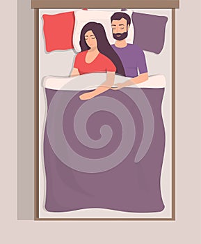 Man and woman sleeping in bed. Loving couple sleeps at night. Lovers sleep in an embrace. Flat illustration