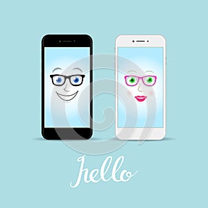 Man and woman smart phone cartoon characters. Vector white and black smart phone. Vector illustration.