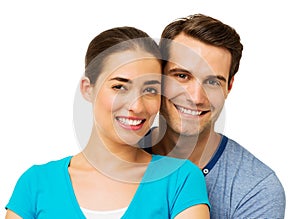 Man And Woman Smiling Against White Background