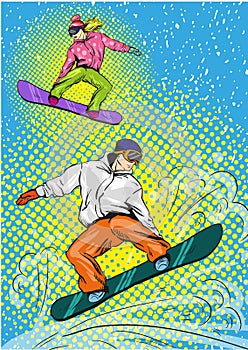 Man and woman snowboarding in mountains. Vector illustration in pop art retro style.