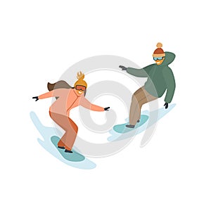 Man and woman snowboarding, winter isolated vector illustration