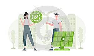 Man and woman and solar panel. Eco energy concept. Vector.