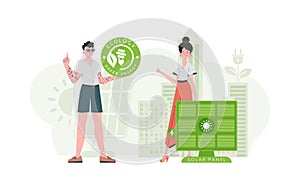 Man and woman and solar panel. Green energy concept. Vector.