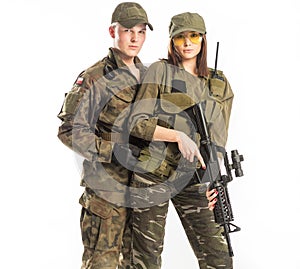 Man and woman in soldier`s suit on white background.