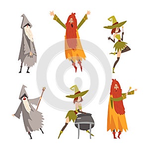 Man and Woman Sorcerer and Witch in Pointed Hat Practicing Wizardry and Witchcraft with Magic Wand and Cauldron Vector