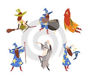 Man and Woman Sorcerer and Witch in Pointed Hat Practicing Wizardry and Witchcraft with Magic Wand and Cauldron Vector photo