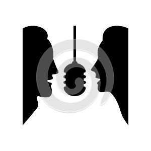 A man and a woman speak into a microphone. Vector illustration on a white background.