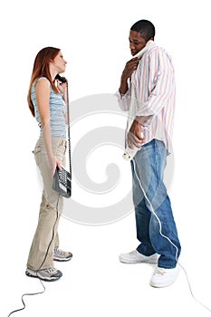 Man and Woman Speaking on Telephones