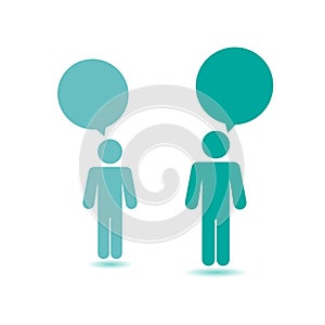 Man and woman with speech balloons talking to each other