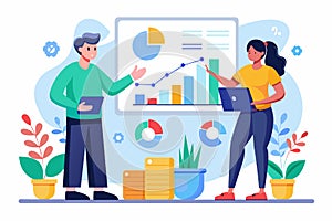 A man and a woman stand in front of a chart, presenting data, Two people presenting data analysts trending, Simple and minimalist photo