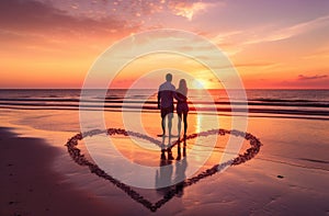 A man and woman stand holding hands in the middle of a sandy beach,