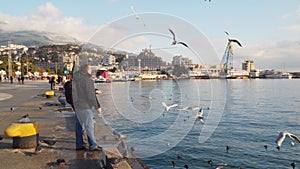 Man and woman stand on the seashore and feed birds