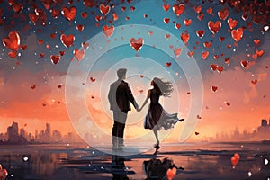 A man and a woman stand together, their hands intertwined, with hearts floating in the background, Romantic illustration with